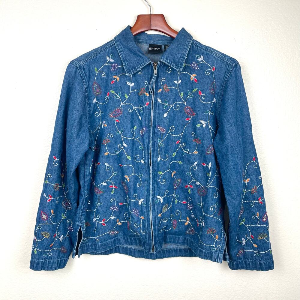 Vintage Womens Jacket Top Sz M Denim Embroidered Floral Artsy Boho Art-To-Wear